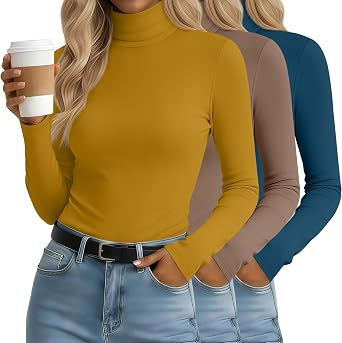3 Pack Womens Turtleneck Tops Mock Neck Long Sleeve Slim Fitted Shirts Lightweight Layer Shirt Stretch Base Tees