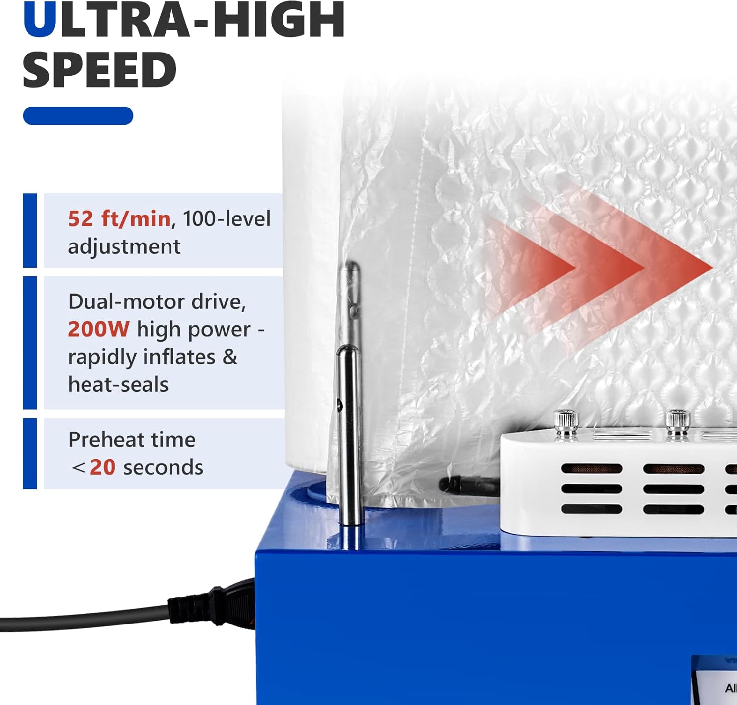 52ft/min High-Speed Bubble Wrap Machine - 280L/min Air Flow, Adjustable 4-27 Inch Air Cushion/Pillow Making Machine with 1 Test Film (110V)​
