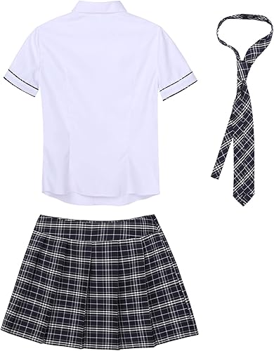 Miniatura 5 de YOOJIA Uniforme para mujer, disfraz de cosplay de manga corta, camisa de corbata con falda a cuadros, conjuntos de 3 piezas