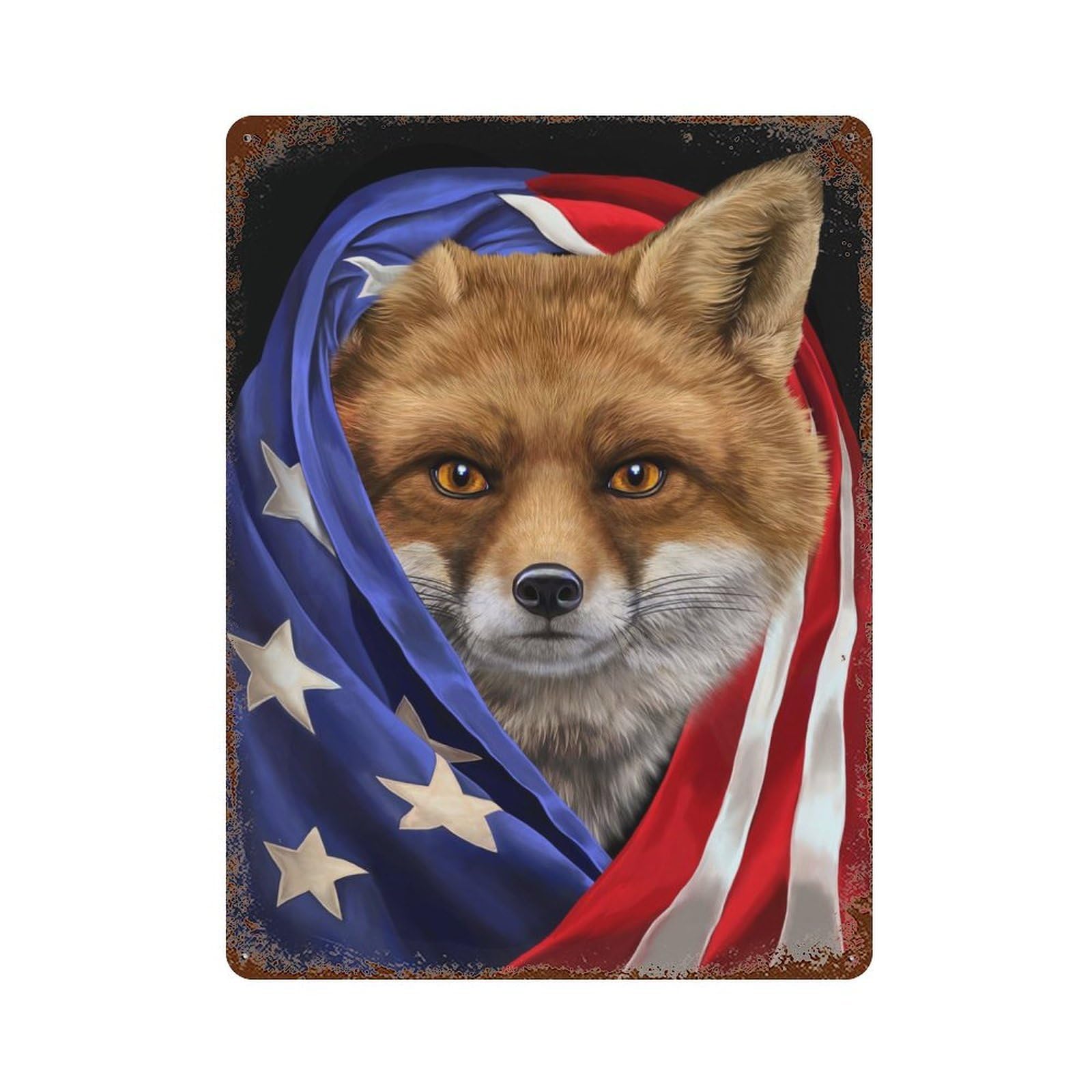 Rust Effect Fox USA Patriot Rusty Metal Tin Sign 15.7"x11.8", Old School Wall Decor for Basement, Hobby Room And Garage Decor