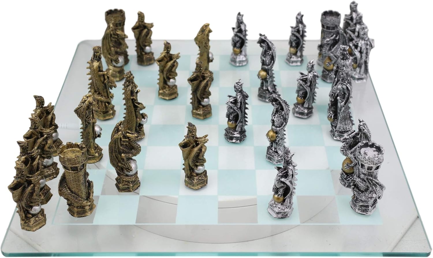 Ebros Gift Silver and Gold Painted Legend of King Arthur Pendagron Merlin Mordred Dragons and Magic Felted Base Resin Chess Pieces with 15" by 15" Frosted Glass Board Set Gaming Board Game Collection