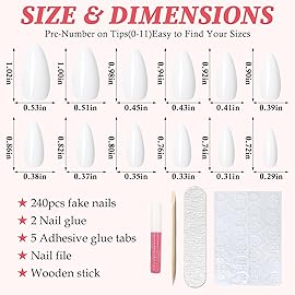 LoveOurHome 240pc Short Almond White Press on Nails Colored Fake Nail Tips Full Cover Artificial Fingernail French Stiletto Manicure with Adhesive Tabs for Women Girls Kids