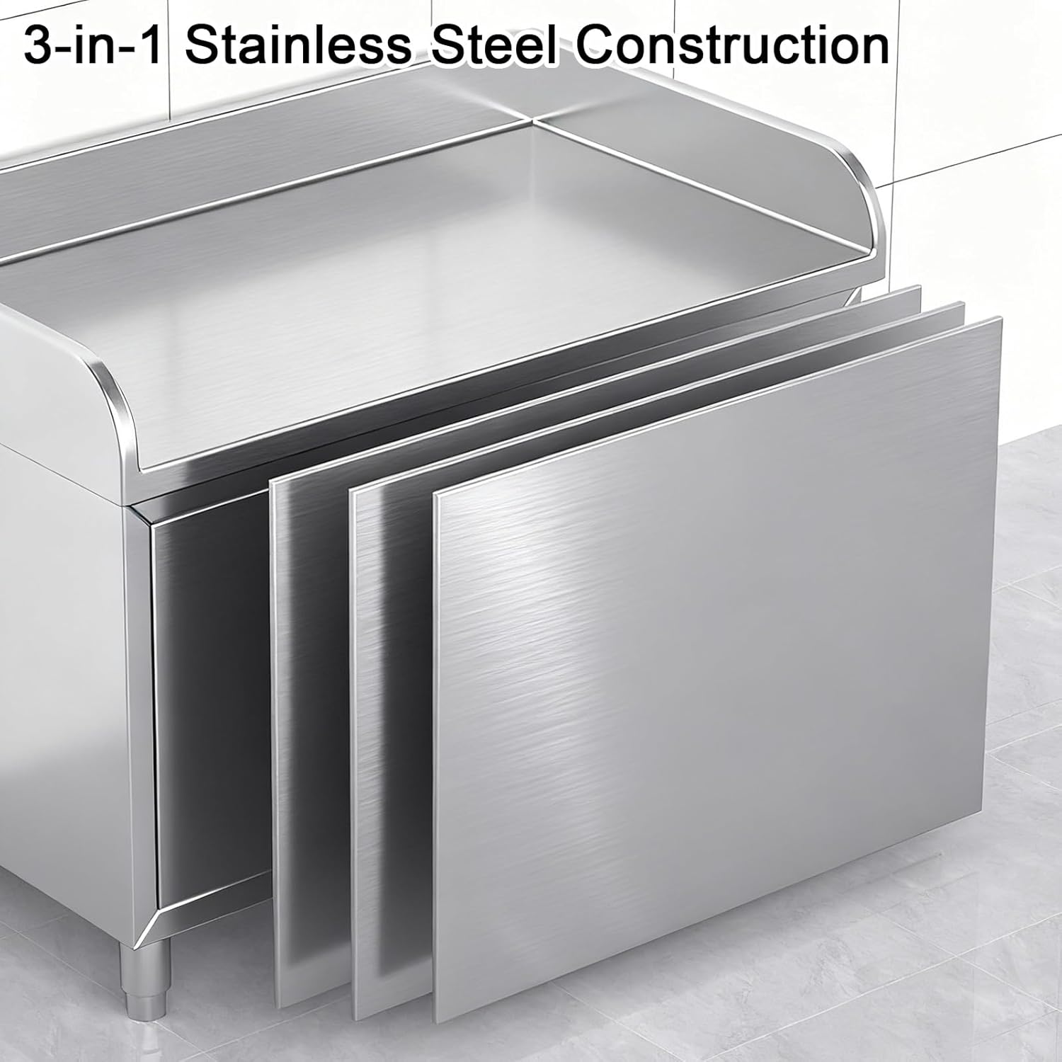 Stainless Steel Table 3-Sided Backsplash Kitchen Work Tables Commercial Storage Cabinet Built-in Door Handles Adjustable Feet Generous Capacitility Heavy-Duty Construction High Load