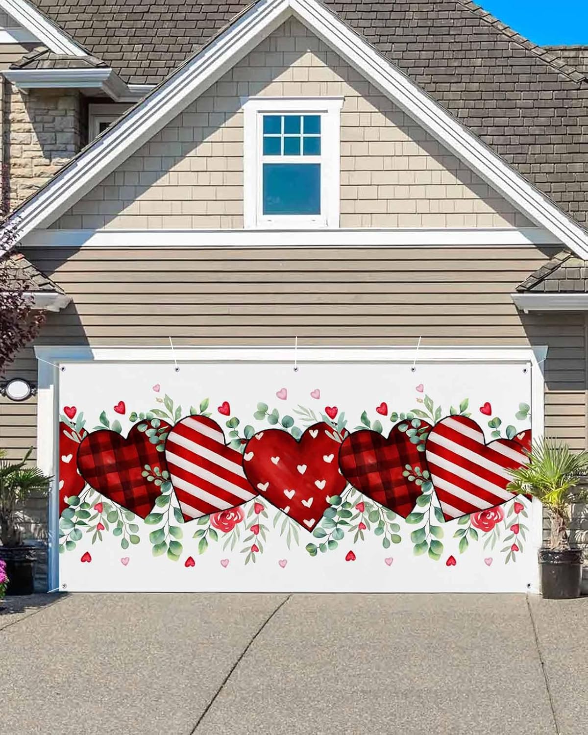 Valentine's Day Garage Door Banner Cover, Garage Door Decorations, Red Strip Plaid Love Eucalyptus Grey Check Holiday Garage Door Covers Backdrop for Party Indoor Outdoor Wall Decor 7x8Ft
