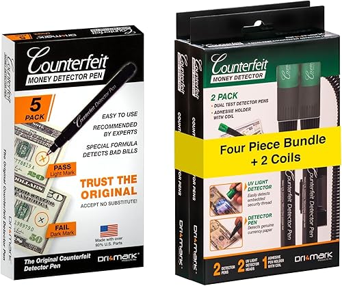 Dri Mark Bolígrafo detector de billetes falsificados y paquete de luz UV de doble prueba, 5 rotuladores falsificados y 4 rotuladores UV de doble