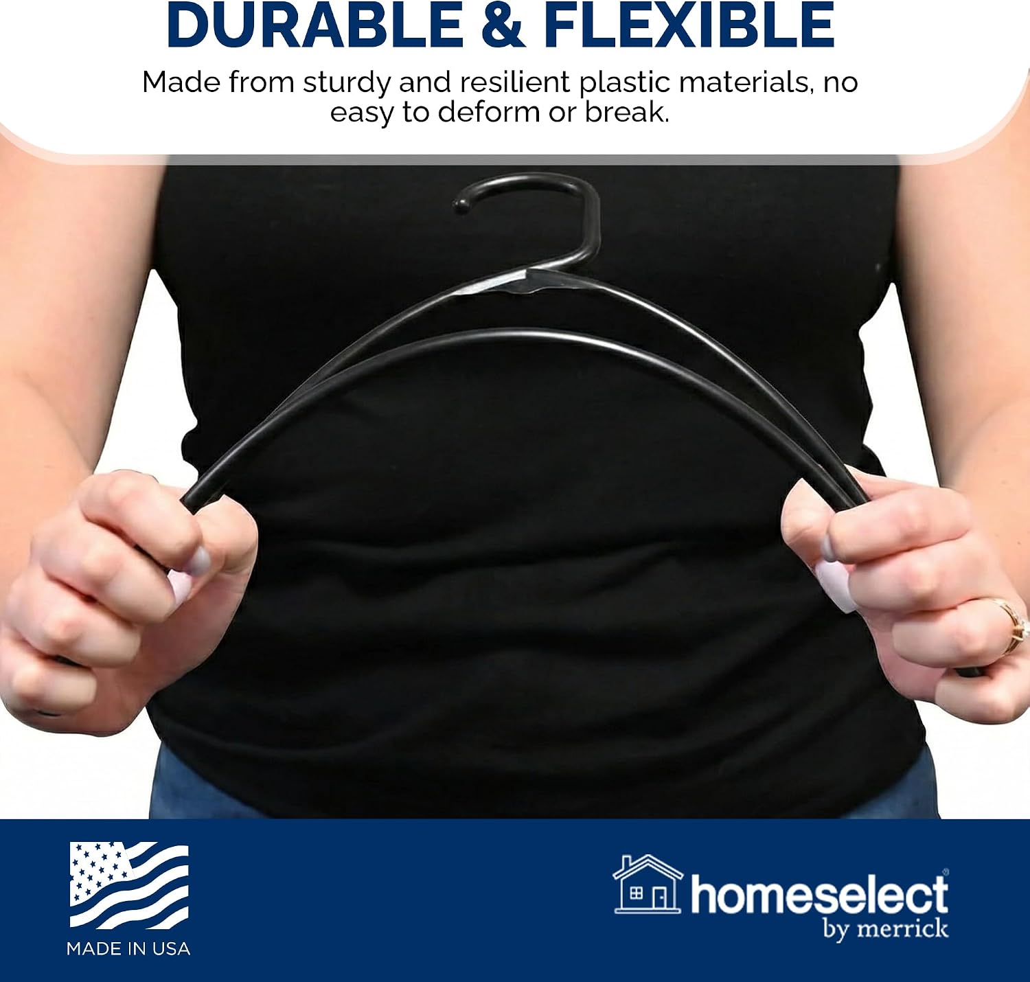 Homeselect Plastic Hangers 50 Pk - Made in USA - Space Saving No Shoulder Bump Hangers, Strong and Flexible, No Notch, Black, 6lb Capacity