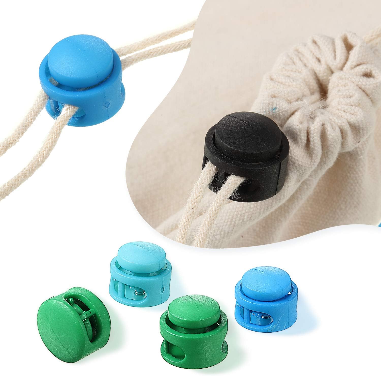 Spring Plastic Cord Locks Double Holes End Spring Toggle Stopper Slider Cylinder Shape Luggage Lanyard Stopper Sliding Fastener Buttons for Drawstring Backpack Camping Hiking, Mixed Color (200)