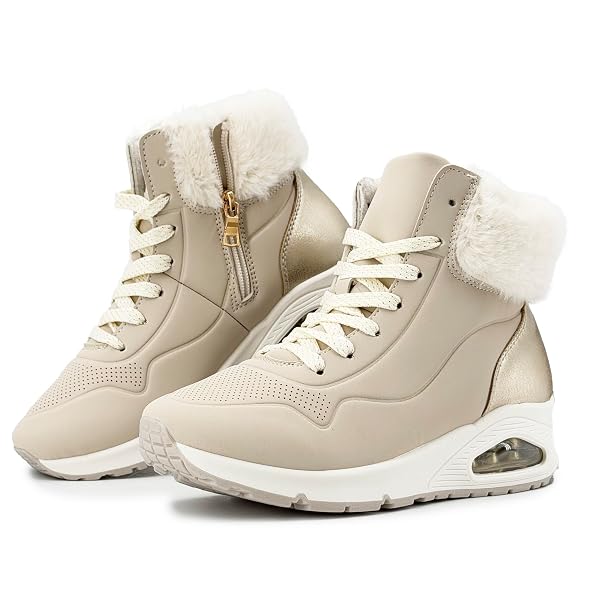 JOMIX Damskie zimowe botki, z ciepłą podszewką, buty typu sneaker z futrzanym kołnierzem, koturn, poduszka powietrzna, antypoślizgowa podeszwa, zamek błyskawiczny, sznurowanie, lekkie, wygodne, na