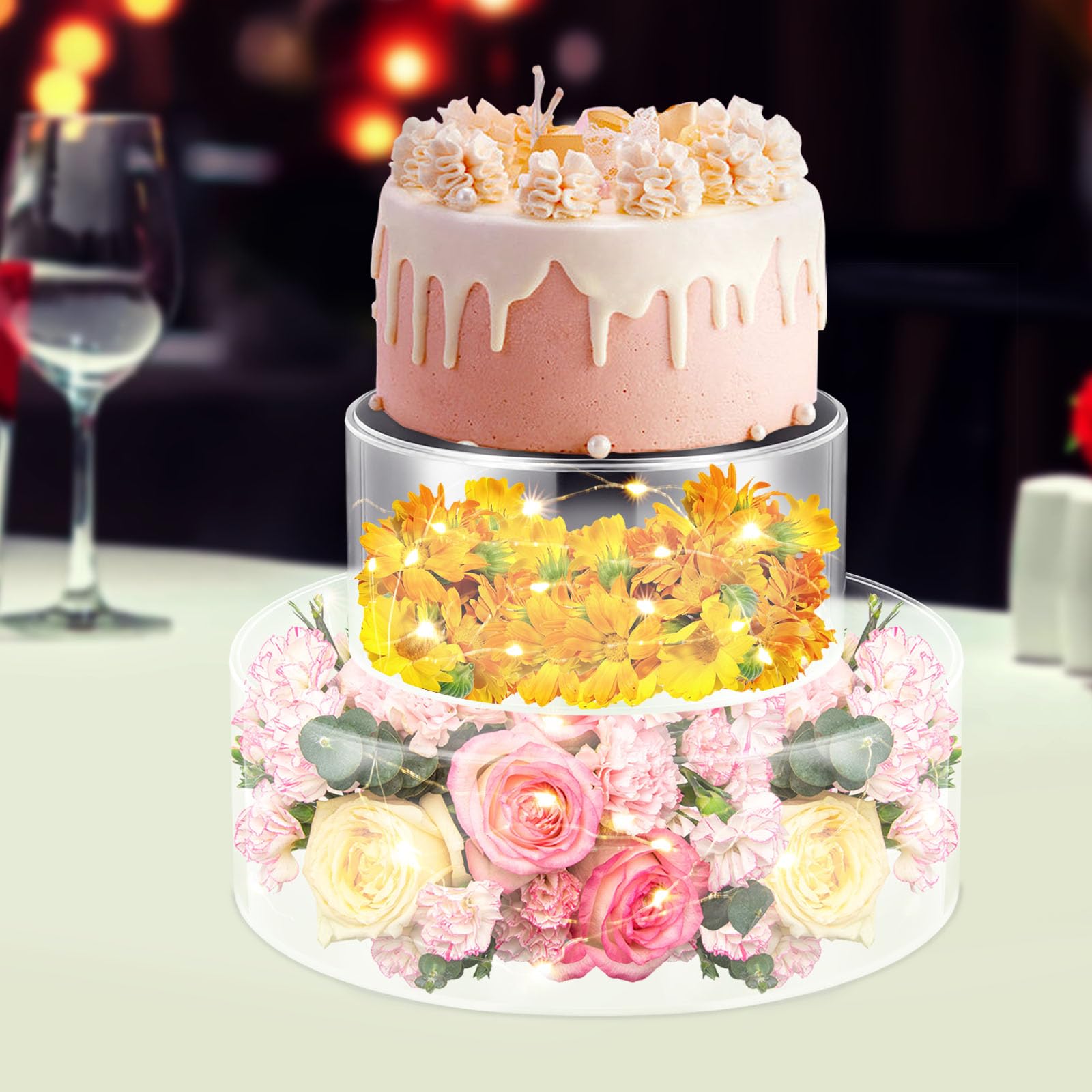Befüllbar Tortenständer Acryl mit LED Kuchenständer 2 Stück | Transparent mit Deckel, 20 und 30 cm, Kuchentrenner, Warmlicht, für Hochzeit, Geburtstag und Party, Tafelaufsatz