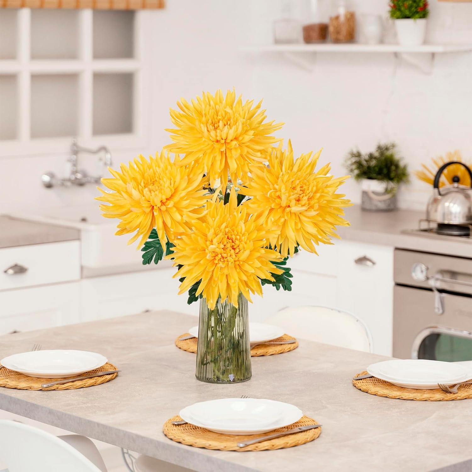 Hollyone 6Pcs Yellow Artificial Mums Flowers Large Faux Chrysanthemum Flowers Silk Flower 25.6" Long Stem Spider Mum Flower Spring Summer Floral Arrangements Bouquets Fake Pincushion for Home Decor - Image 7