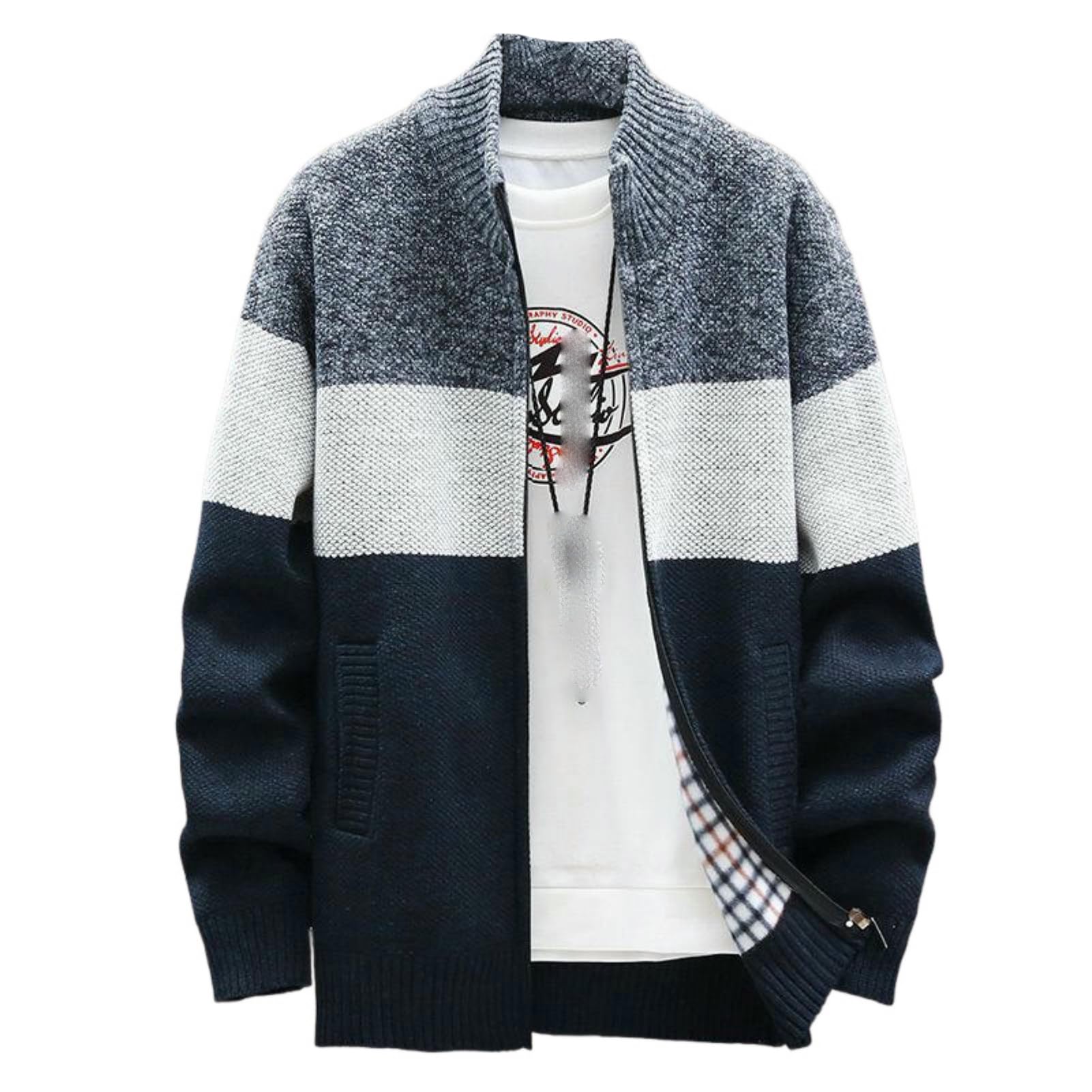 Men's Korean Style Fleece Lined Zipper Knitted Sweater Warm Cardigan