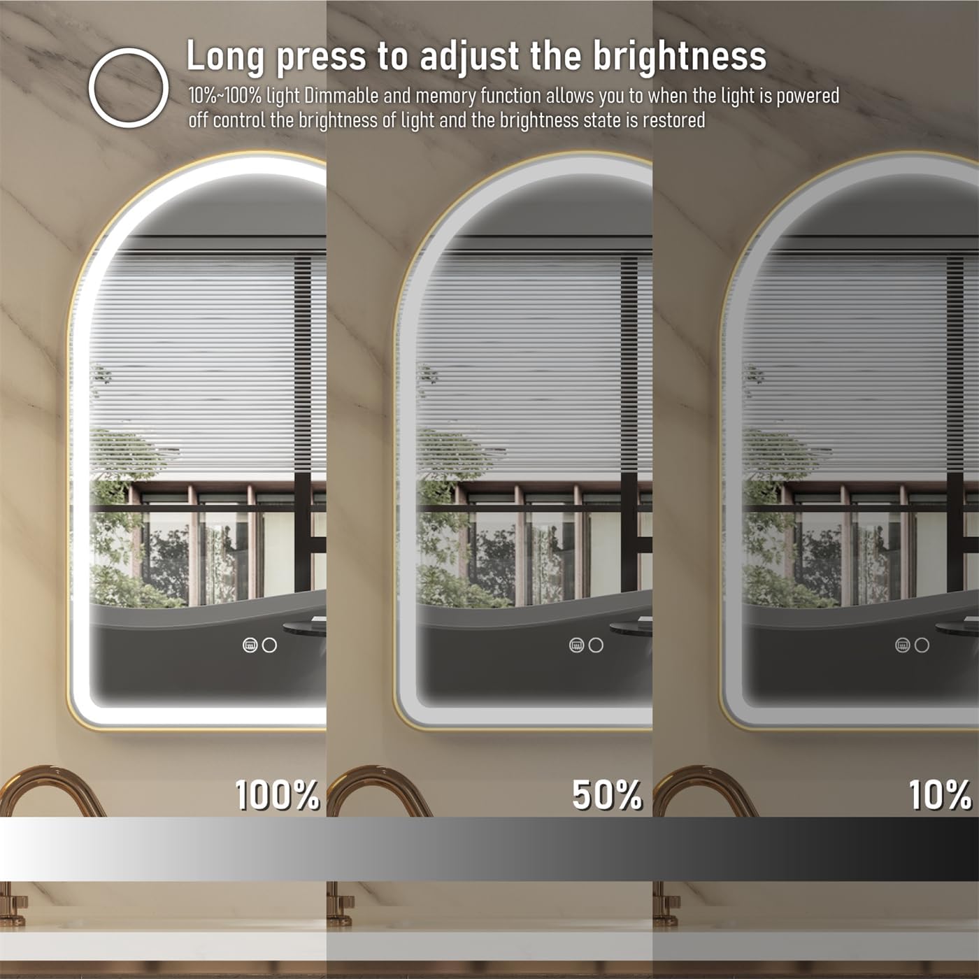 WELLFOR 24 x 36 Inch Arched Lighted Vanity Mirror, Wall-Mounted Framed Led Mirror, Lighted Mirror with Wider LED Light Frost Area Includes Dimmer Defogger (Brushed Gold)