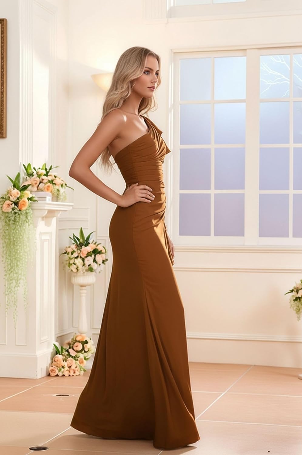 Ruffle Bridesmaid Dresses Mermaid Long Evening Dresses Chiffon One Shoulder Formal Dresses for Wedding Guest