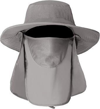 Fishing Hat for Men Women, 3 in 1 Sun Hat with Removable Neck Flap and Face Cover, UV Sun Protection Wide Brim Hat Fishing Cap, Waterproof Bucket Hat for Fishing, Hiking, Camping, Gardening Light Grey