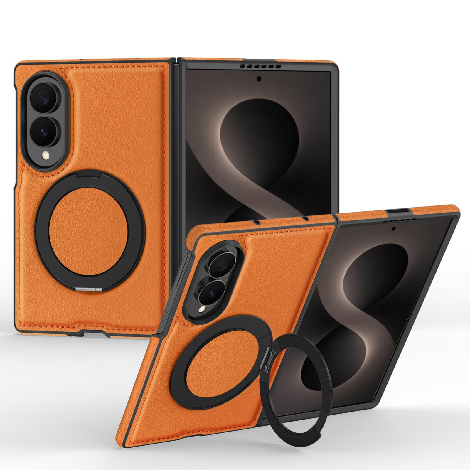 Cover In Pelle For Samsung Galaxy Z Fold 8, Anello Rotante Supporto Protezione Caduta Copertura For Ventosa Magnetica Montata Su Auto Guscio Sottile Stile Business(Orange)
