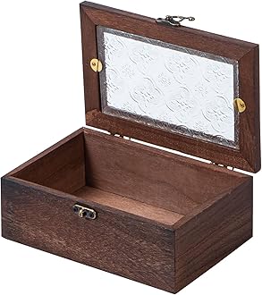 Useekoo Wooden Storage Box with Front Clasp & Hinged Glass Lid, 6.9"x4.7"x2.7" Wood Keepsake Boxes for Jewelry, Card, Peals, Rustic Memory Gift Box Wedding, Anniversaries，Birthday,Vintage Color