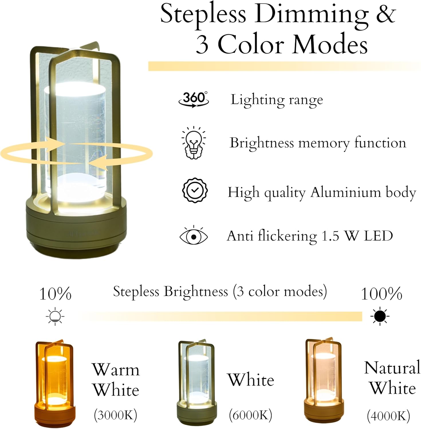 Elysian Cordless Rechargeable Battery Operated Table Lamp, 3 Color Modes, Stepless Dimming with Touch, Modern Desk/Bed/Nursery Lamp (Black)