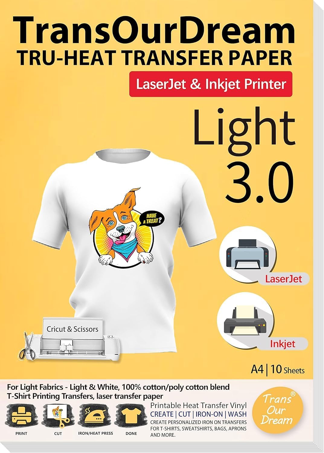 TransOurDream Iron on Heat Transfer Paper for Light T Shirts (10 Sheets, A4, Light 3.0) Printable HTV Heat Transfer Vinyl for Inkjet & Laserjet Printer Iron on Transfers for T Shirts (ARAB-L3-10)