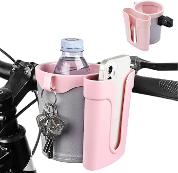 Bike Cup Holder & Phone Mount, 3-in-1 Waterproof Handlebar Drink Holder with Phone Mount &Cell Phon e Keys for E-Bike, Scooter, Stroller, WheelchairColorPink