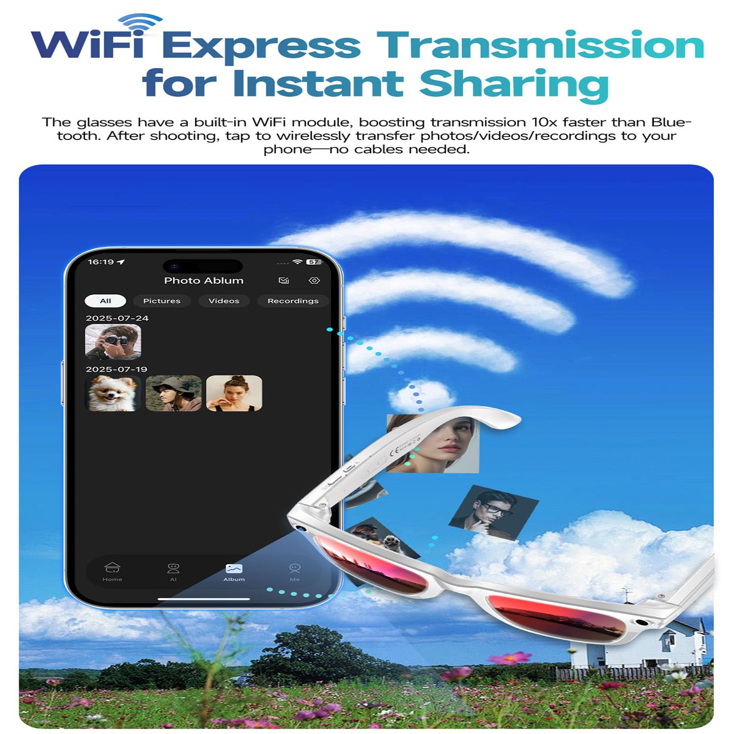 Occhiali intelligenti con Bluetooth, fotocamera HD da 8 MP (interpolata da 32 MP) con anti-shake, traduzione AI in oltre 30 lingue, impermeabile IP65, Wi-Fi, controllo touch, batteria da 7