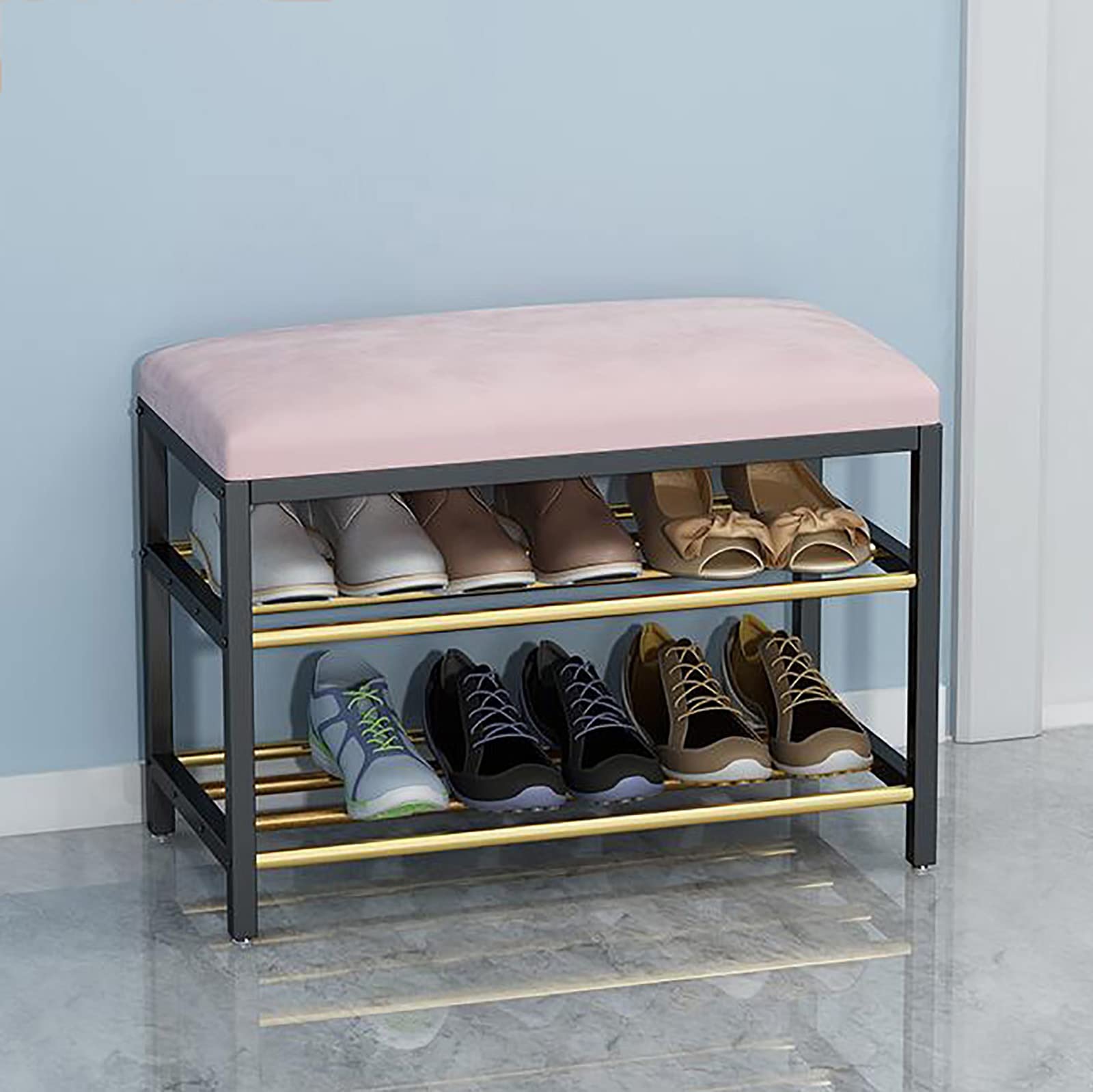 MYUYEE Shoe Storage Bench Ottoman Storage Benches Entryway Shoe Bench With Storage,2 Tier Metal Shoe Rack With Faux Leather Seat,Upholstered Shoe Storage Orga For Hallway Bedroo(Pink-60X30X45Cm)