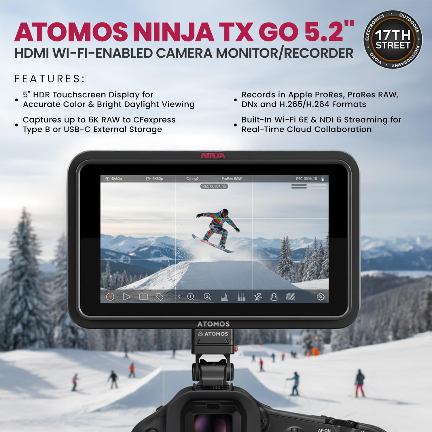 Atomos Ninja TX GO 5" Camera Monitor-Recorder, HDMI CFexpress Wi-Fi - HDR Resolution Touchscreen Display with Power Battery, Single Charger & Aluminum Alloy Camera Hot Shoe Mount (2 Pack) - Bundle Kit