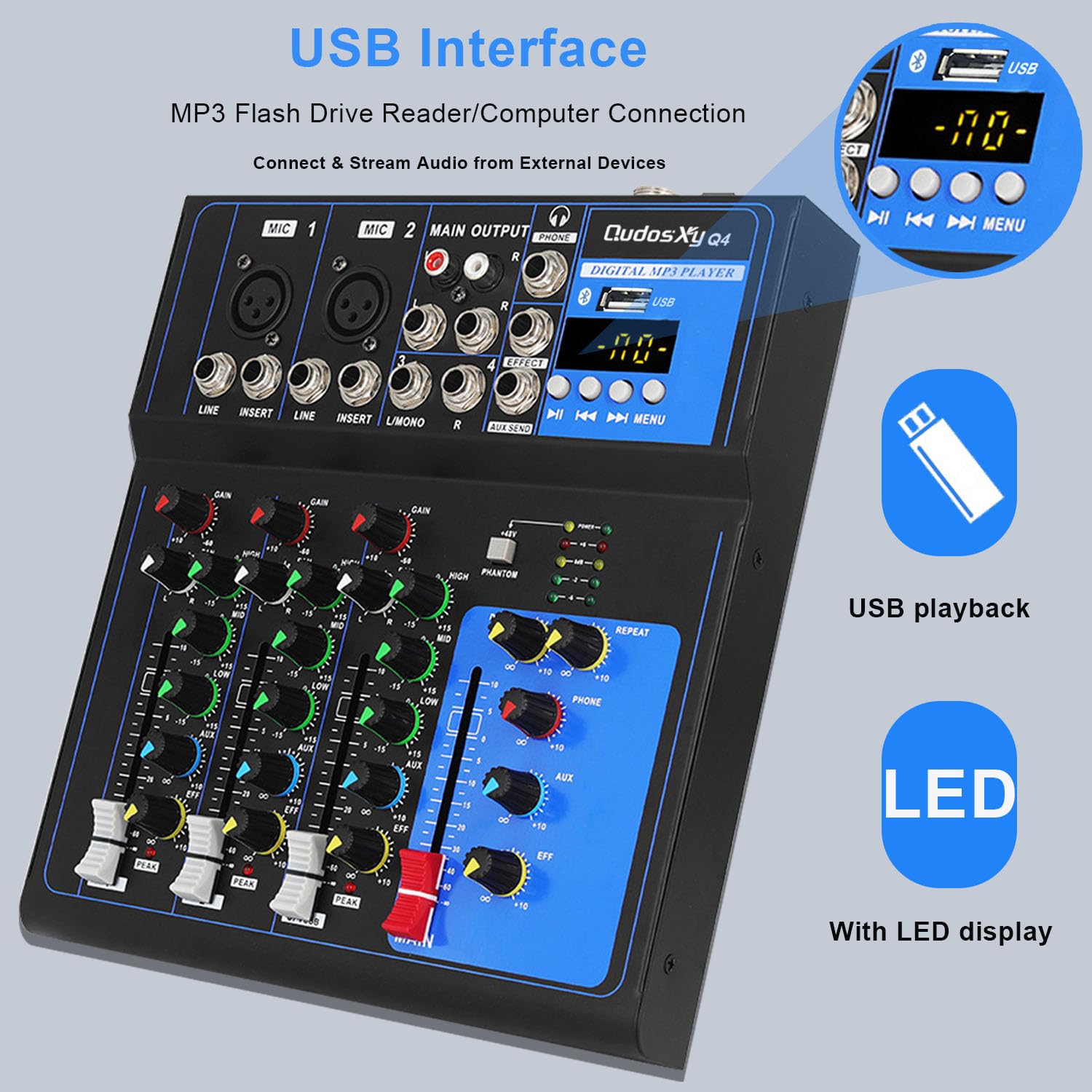 Mixer Audio Professionale Scheda Audio Console Interfaccia Sistema 4 Canali USB Digitale Bluetooth MP3 Ingresso Computer 48V Phantom Power Stereo DJ Studio Streaming