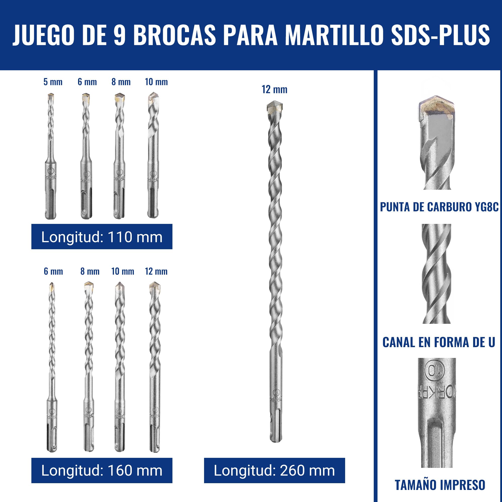 WORKPRO Juego Brocas Cinceles SDS Plus 15 Piezas, Hormigón | Incluye Cinceles Puntiagudos y Planos para Ladrillo, Cemento, Piedra y Trabajos de Mampostería