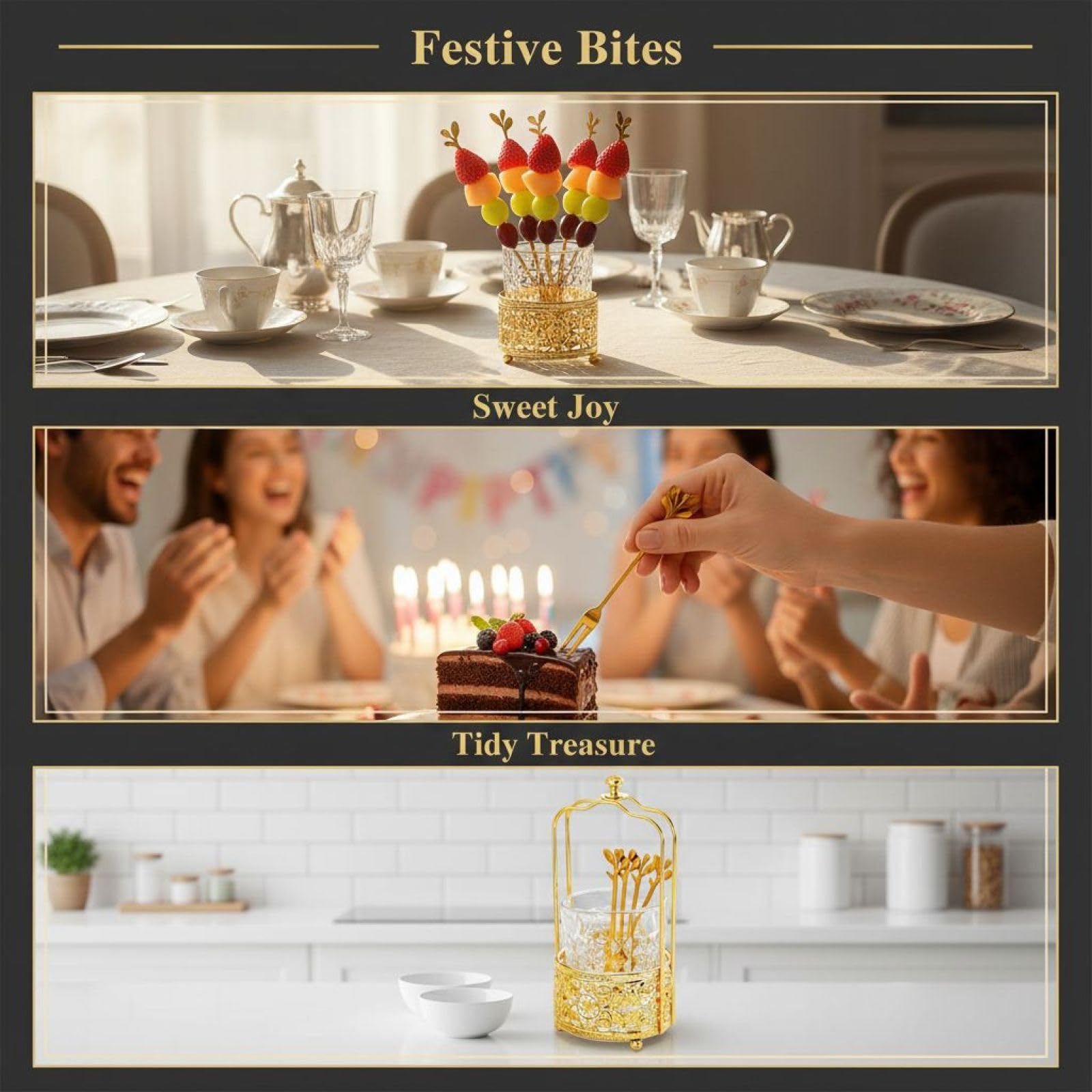 Pot à couverts avec 6 fourchettes à fruits dorées, support lune et étoile, pot en acier inoxydable, fourchettes à dessert, poignée en alliage, cuillères à café réutilisables pour maison et fête