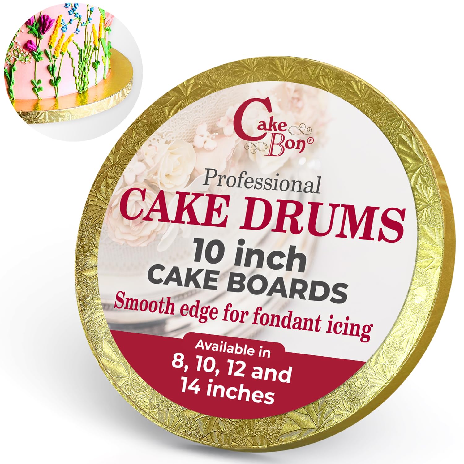 Cakebon Round Cake Boards - Sturdy 1/2 Thick Cake Drums - 10 Inch Professional Base Para Pastel Smooth Straight Edges Gold 1-Pack