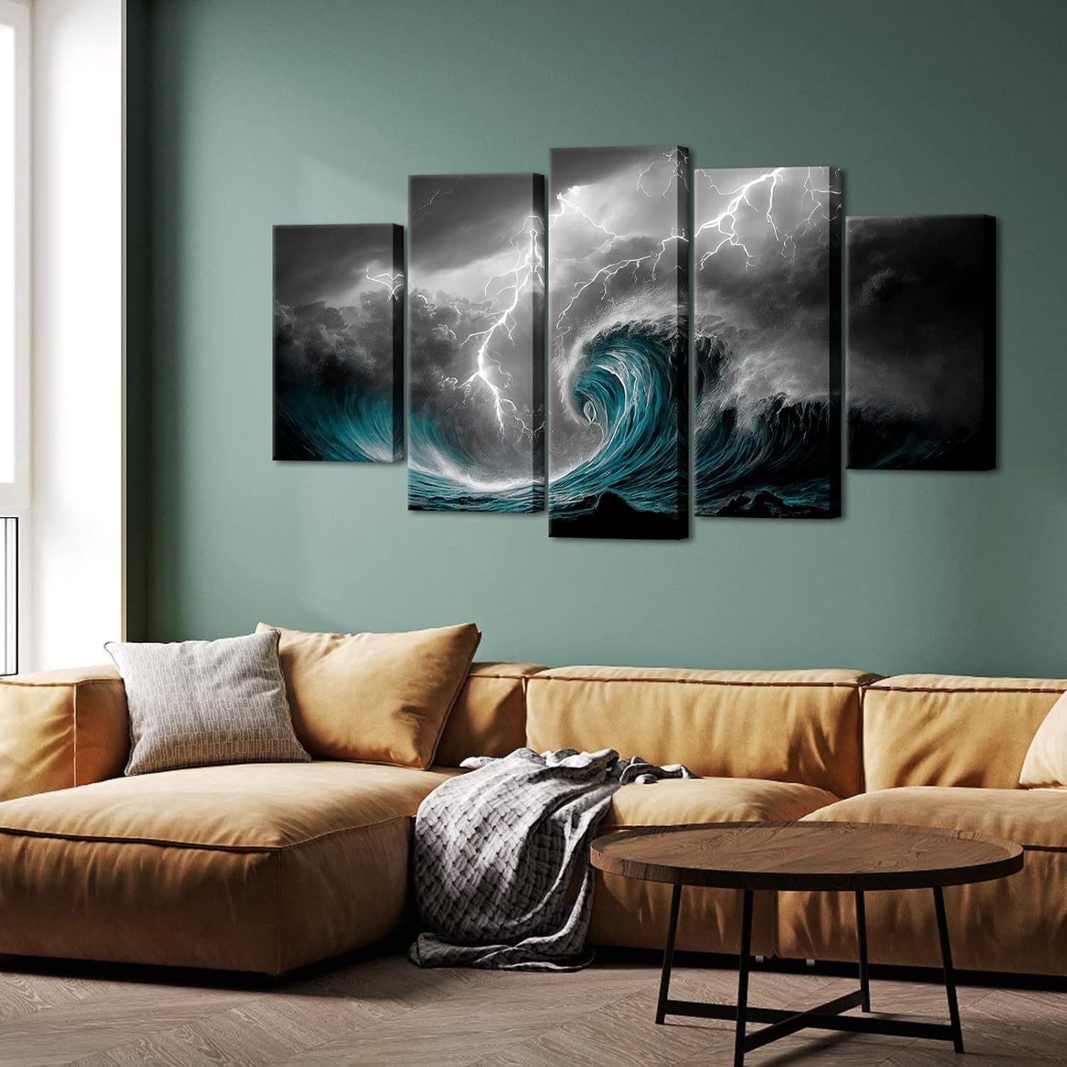 Biuteawal 5 Panel Black White Canvas Print Storm Sea Wall Art Blue Ocean Wave Seascape Pictures Nature Lightning Artwork Cool Nature Painting Poster Prints Stretched Framed Modern Home Living Room