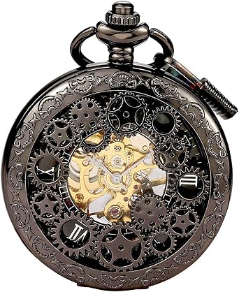BOSHIYA Pocket Watch Vintage Mechanical Luminous Steampunk Skeleton Roman Numberals Hand Wind Up Pocket Watches with Chain for Men & Gift Box