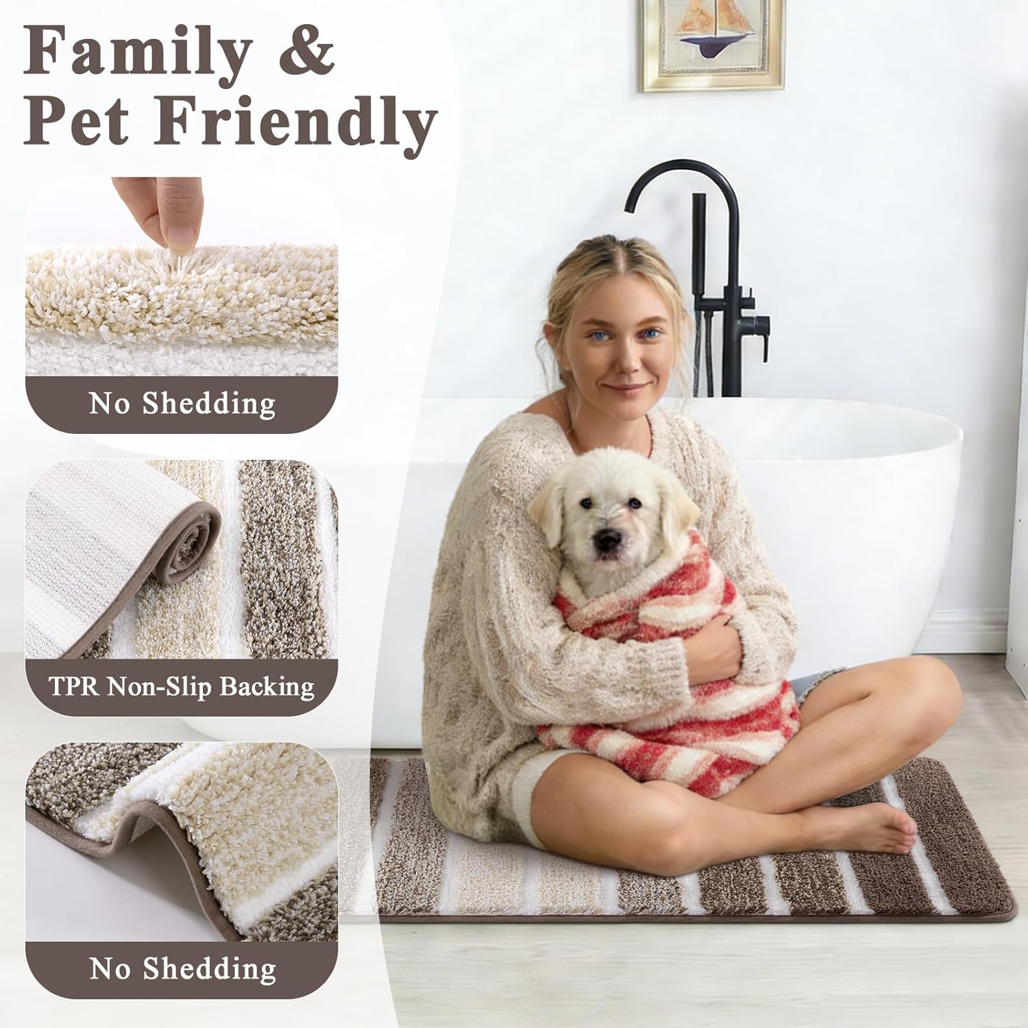 Yamaziot Bathroom Rugs Sets 5 Piece, Absorbent Microfiber Bath Mat for Bathroom, Non Slip Washable Bath Rug Set with Bath Runner Rug, U-Shaped Toilet Rugs, Shower Rug & Toilet Cover, Coffee