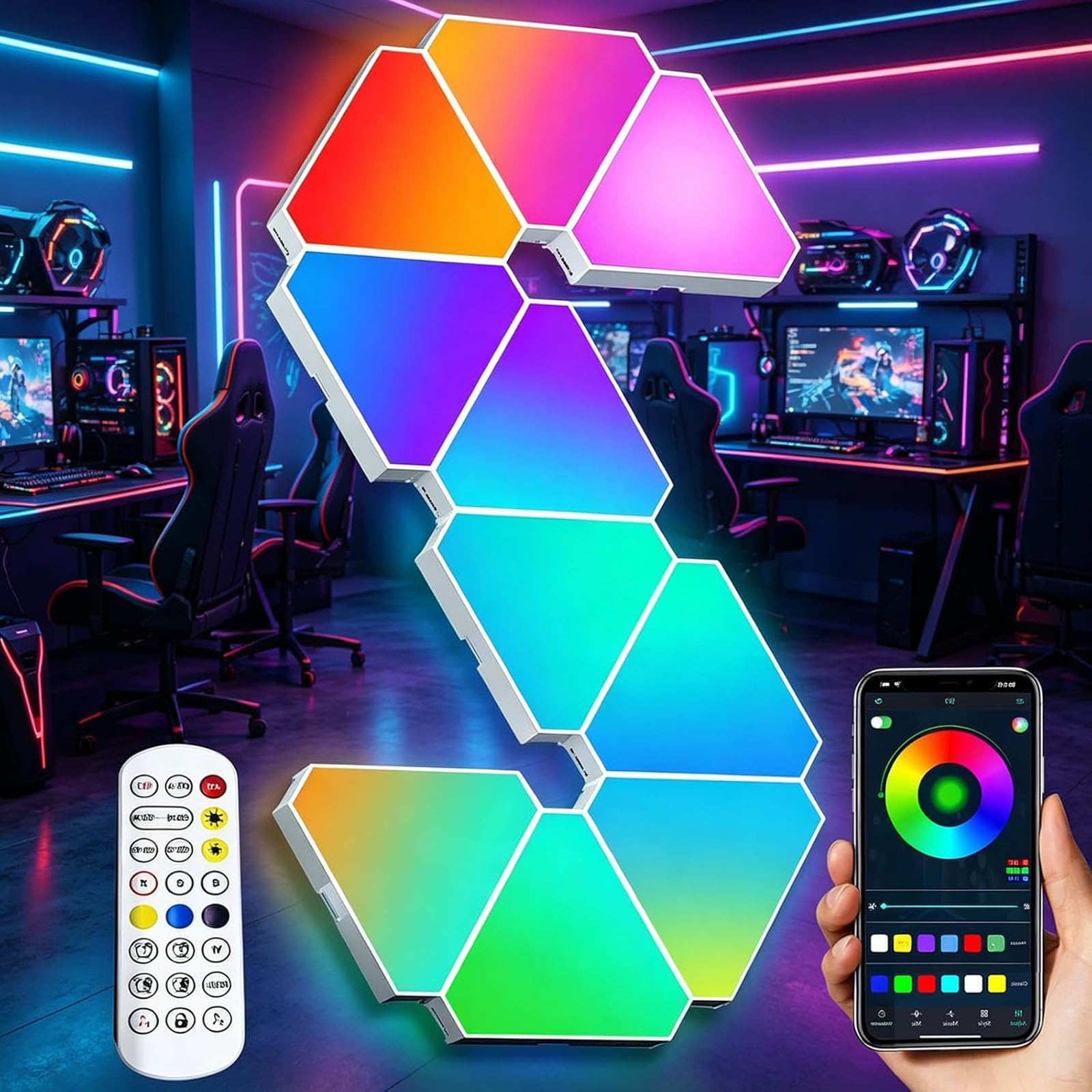 Trójkątne panele świetlne LED z synchronizacją muzyki i pilotem | Kinkiety do gier RGB, kontrola aplikacji, łączenie modułowe DIY, oświetlenie reagujące na dźwięk do wystroju(12PCS)