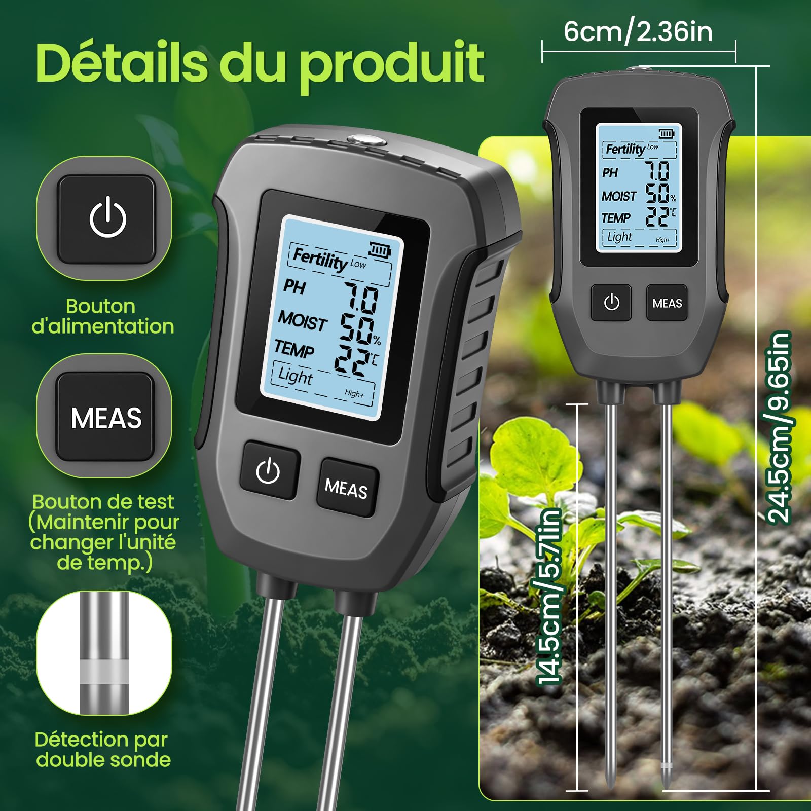 FORMIZON Testeur Humidité Plante 5 en 1, Atesteur pH Sol pour Le pH/la Fertilité/l'Humidité du Sol/la TempéRature/L'Ensoleillement, avec Écran LCD Éclairé Humidimètre pour Jardin et Pelouse