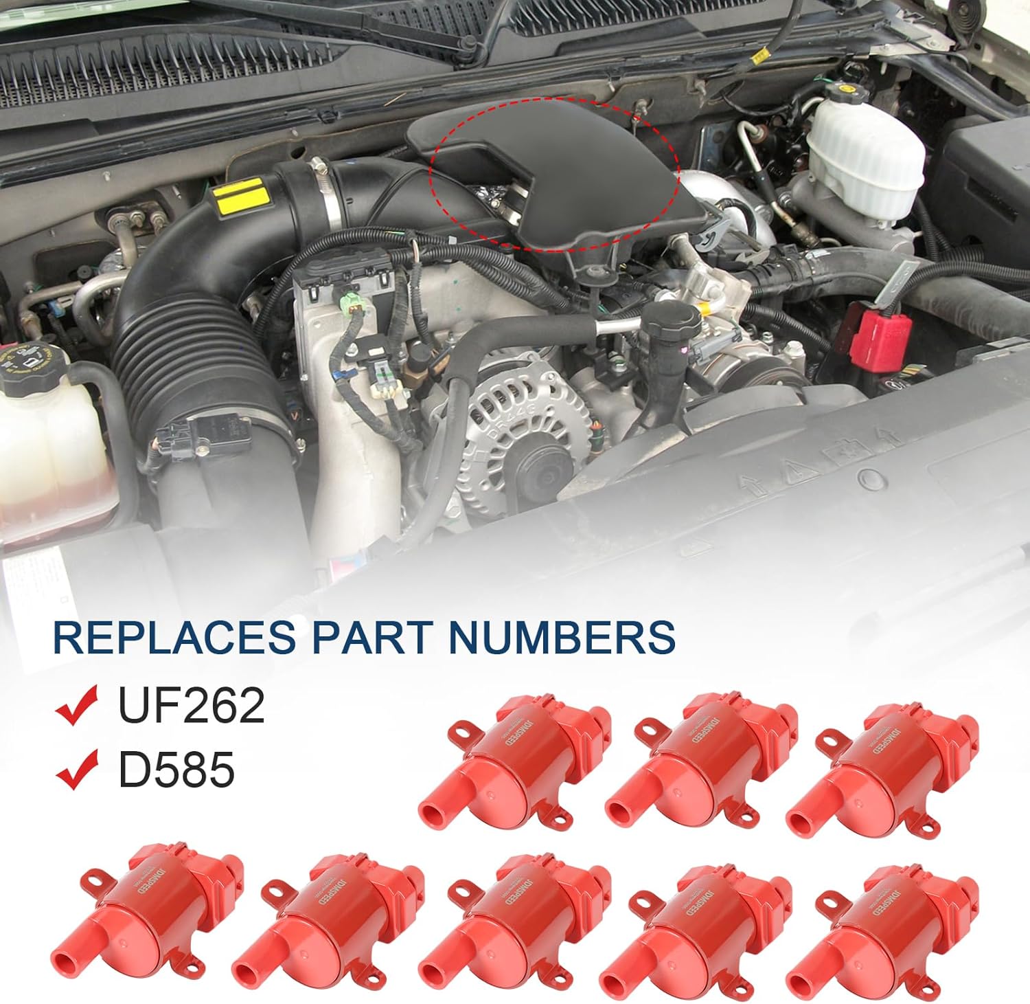 JDMSPEED 8 Round Red Ignition Coil Pack Compatible with 99-07 Chevrolet Express Silverado Tahoe/99-07 GMC Savana Yukon Sierra/04 Buick Rainier/02-06 Cadillac Escalade Replaces# UF262 D585
