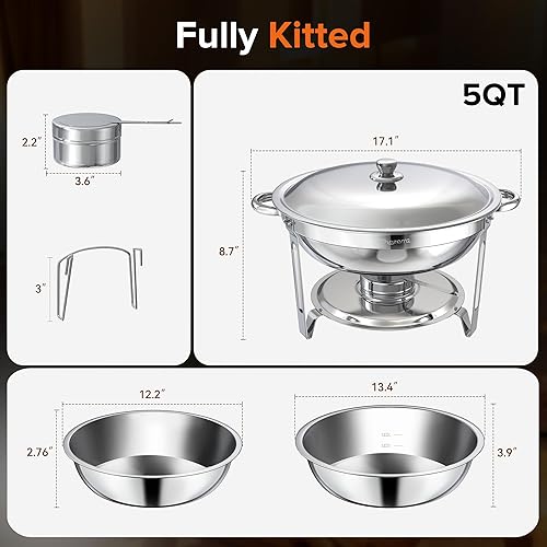 Miniatura 7 de Platos para bufé, 4 platos redondos de acero inoxidable de 5 cuartos de galón con soporte de tapa para fiestas en casa, reuniones de Navidad,