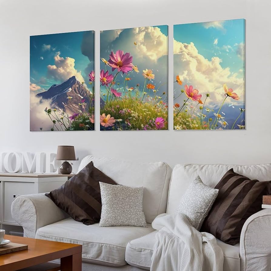 油絵　Ｆ０「はな、空の下」 Amazon.co.jp: 3枚 青い空と白い雲の下の山の花 絵画 インテリア
