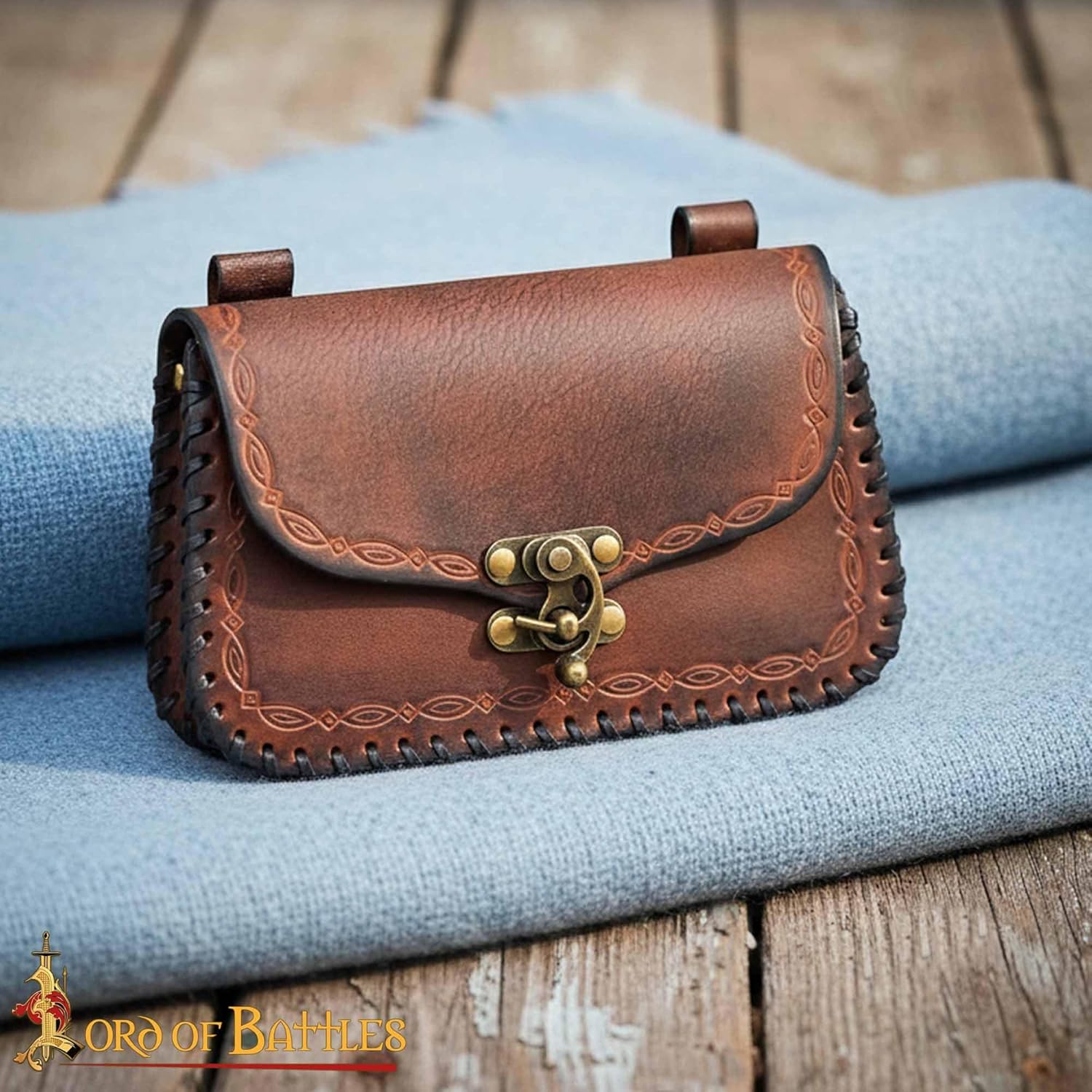 Lord of Battles Genuine Leather Messenger Belt Bag - Medieval Style Waist Bag for Cellphone, Renaissance Faire Costume Accessories (Brown)