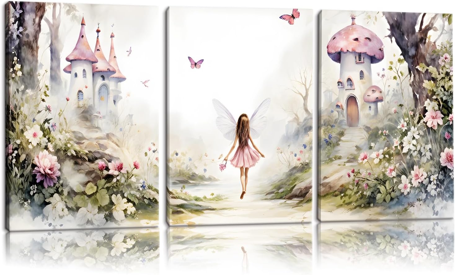 3 Pcs Framed Fairy Garden Canvas Wall Art Flower Fairy Posters Prints mushroom castle Painting Pictures Enchanted forest Wall Decor for Living Room Bedroom Girls Room Nursery Decoration