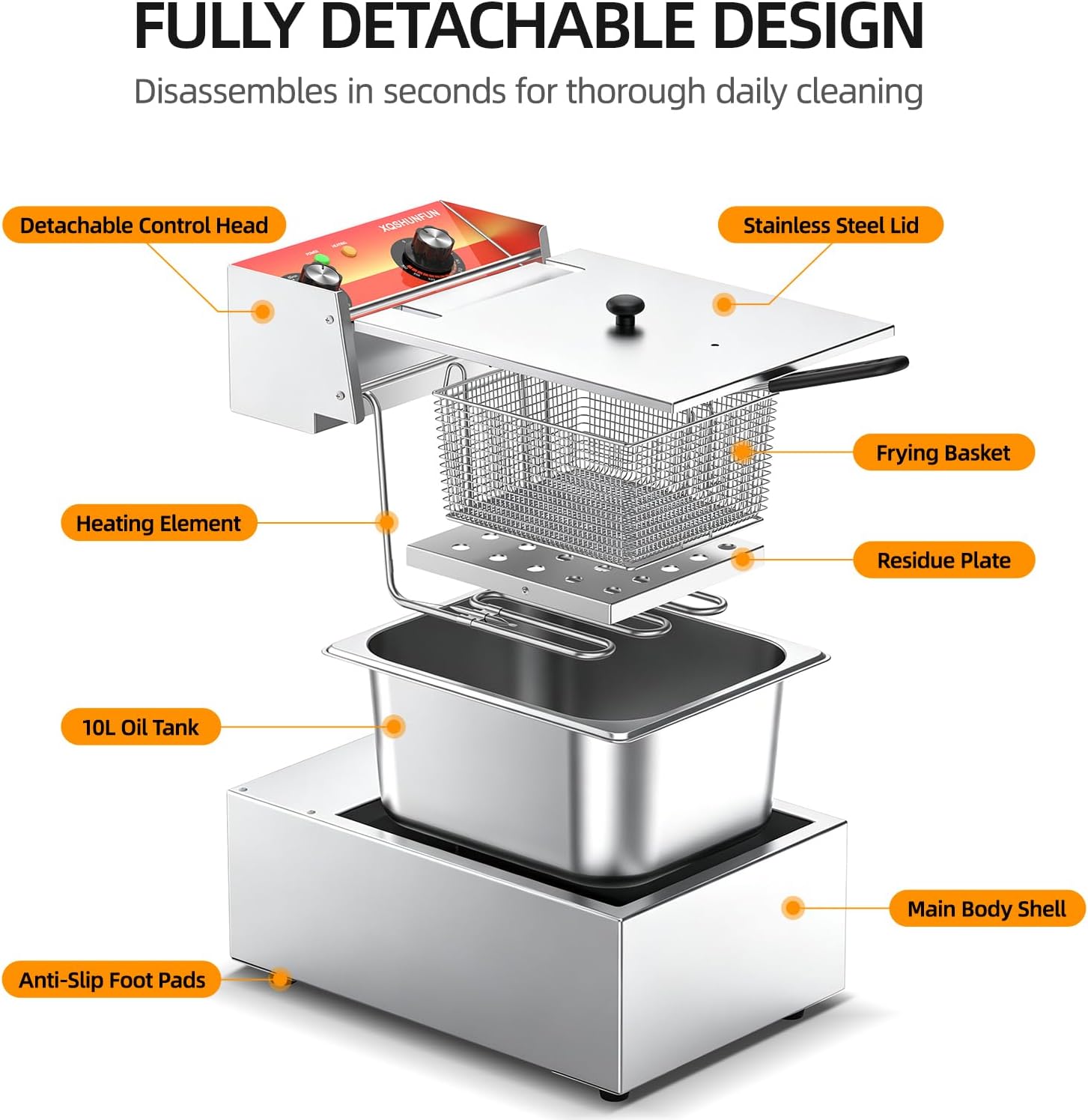 10.5QT Commercial Deep Fryer with Timer & Limit Thermostat, Thickened Stainless Steel Electric Fryer with Rolled Safety Edges, 10L Large Capacity Oil Fryer for Home, Restaurant & Party