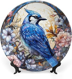 Decorative Plates for Home Decor, Blue Jay And Flowers Stained Glass Painting Decor Tray for Table Display, Ceramic Dinner Plate W/ Stand, Living Dining Room Decor, Gifts for Blue Jay Lovers, 7 Inch