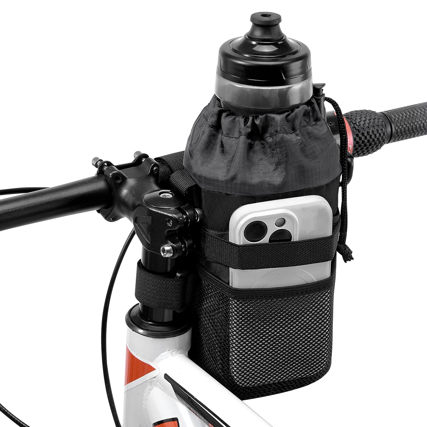 WOTOW Bike Water Bottle Holder - Insulated Universal 20-40 oz Bike Cup Holder with Adjustable Shoulder Straps and Mesh Pockets, Drink Holders for