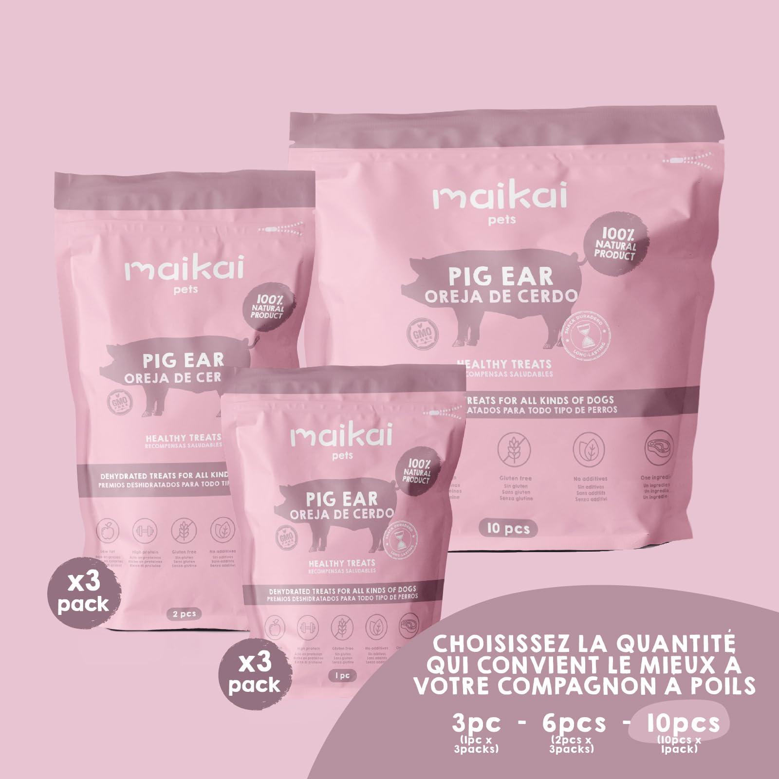 MAIKAI Lot Oreilles de Porc Séchées - Friandises Naturelles à Mâcher pour Chiens Riche en Protéines + sans Additifs Complément Alimentaire Idéal Barf