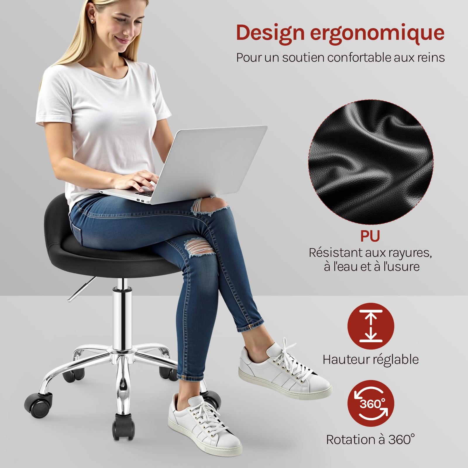 WOLTU Tabouret de Bureau Pivotant 360° Réglable en Hauteur, PU, Noir