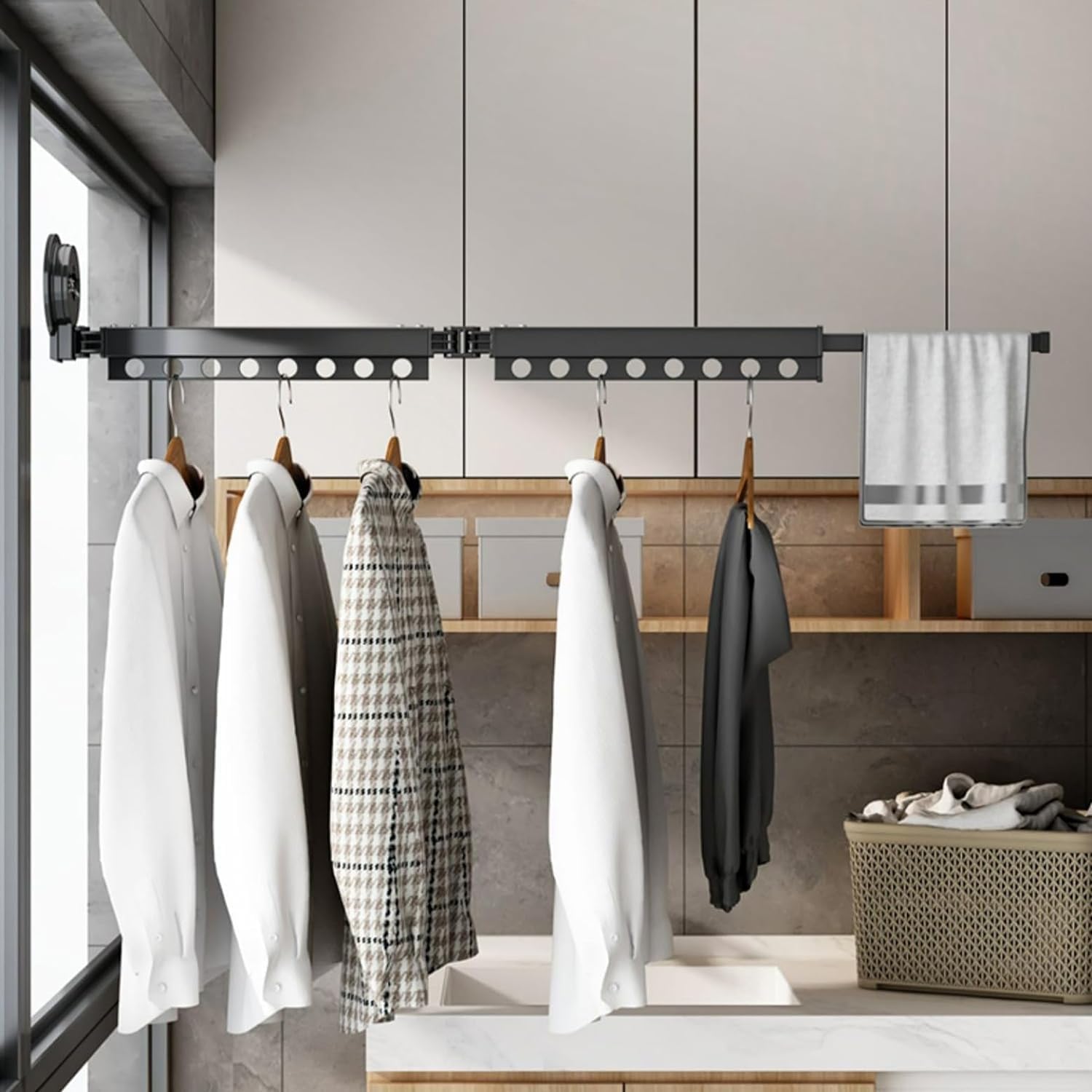 Wall Mounted Drying Rack with Suction Cup, Tri-Collapsible Drying Rack,  Retractable Laundry Clothes Drying Rack with 15 Hooks, Aluminum Wall Airer