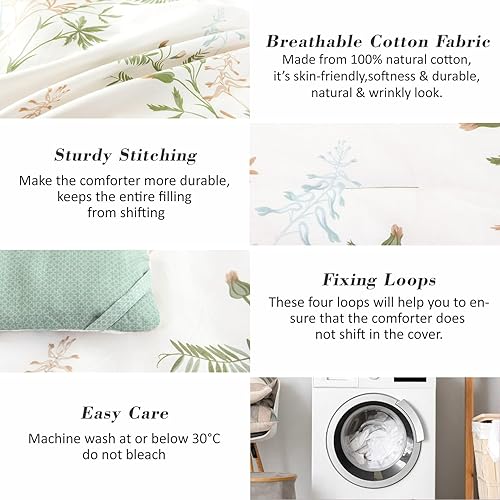 Miniatura 5 de Juego de edredón botánico de 3 piezas de 100% algodón natural, tamaño King, edredón verde con lujosas hojas tostadas y grises sobre blanco,
