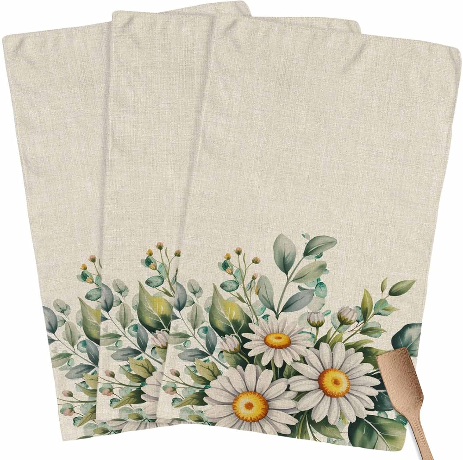 3 PCS Daisy Eucalyptus Kitchen Towels Absorbent Cleaning Cloths,Drying Dish Reusable Kitchen Rags Soft Terry Hand Dish Tower Washable Hemmed Nappkin Dishcloths Green Leaves Botanical Plant Floral