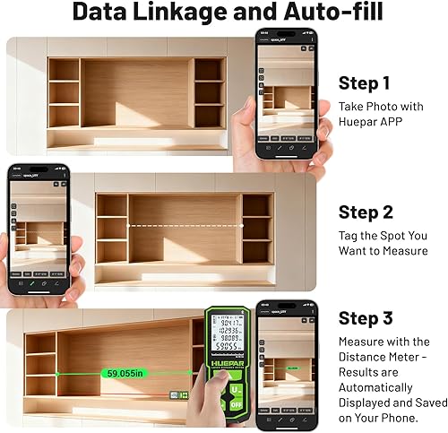 Miniatura 3 de Huepar Herramienta de medición láser verde de 330 pies con control de aplicación, medidor de distancia Bluetooth recargable de ± 1/16 pulgadas de