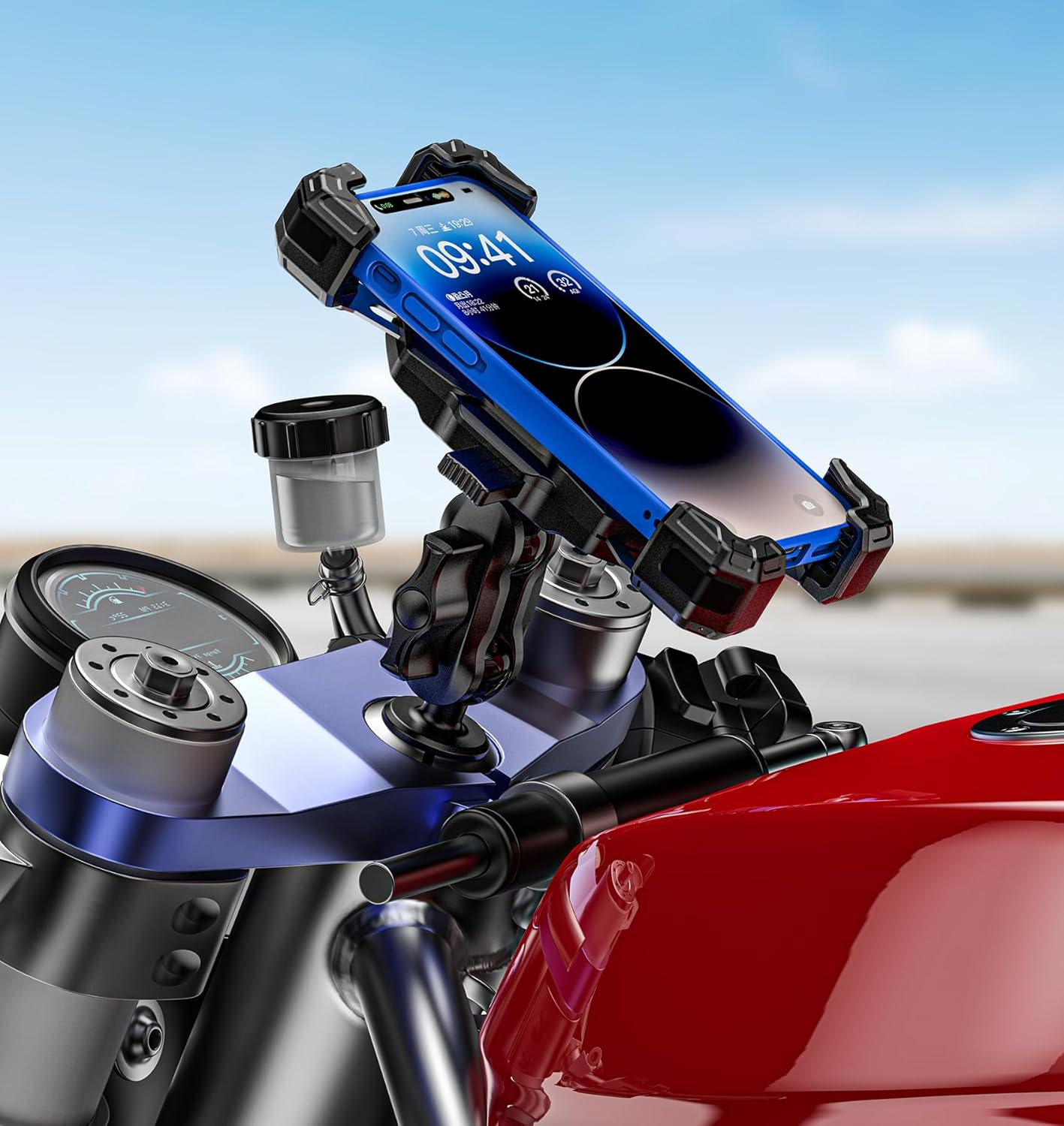 Motorcycle Fork Stem Phone Mount, 1s Auto Lock & Release, Anti-Theft Motorcycle Phone Holder with Aluminum Alloy 1" Ball Short Arm, for 12-25.4mm Diameter Fork Stems, for 5.4"-7" Cellphones - Image 9